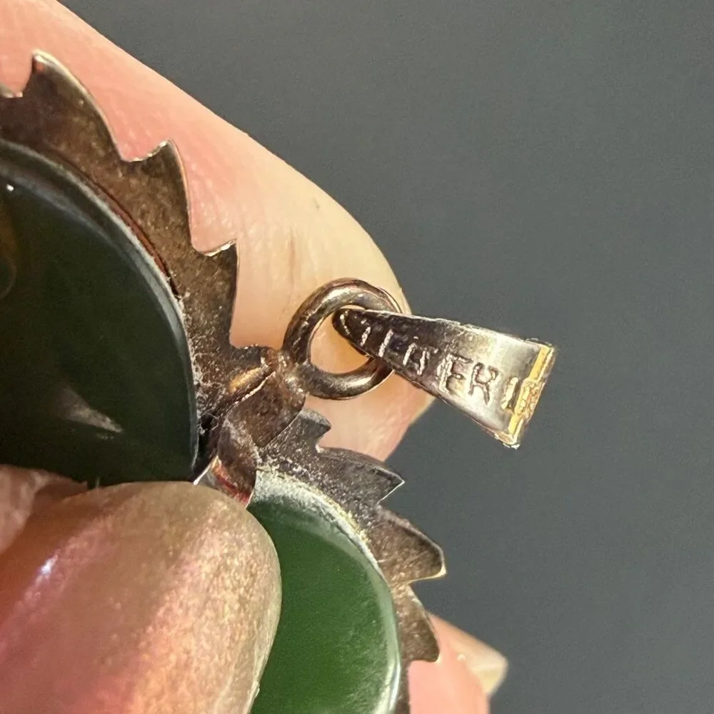 Vintage Sterling Silver Green Stone Leaf Heart Pendant Necklace 24